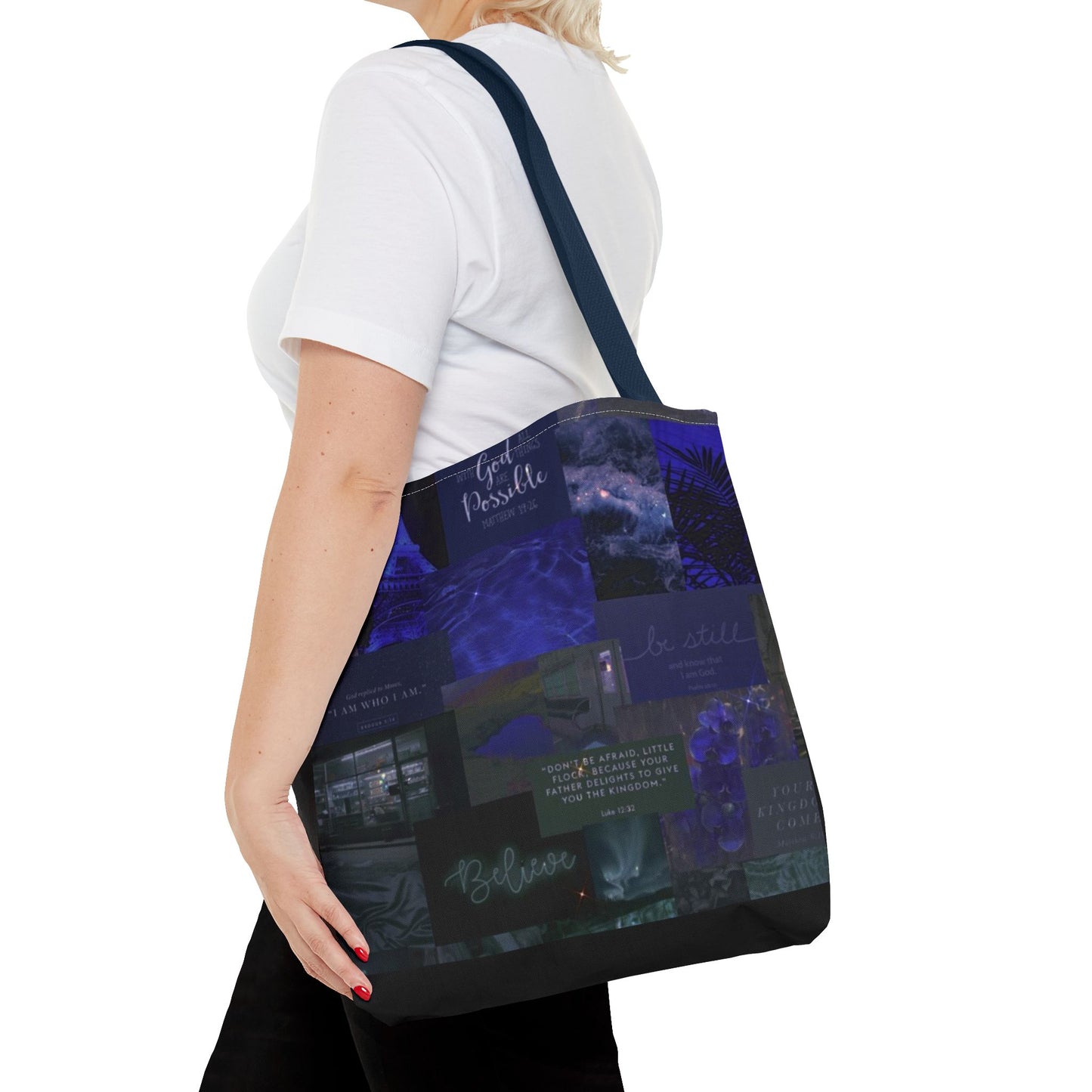 Believe & be still tote midnight blue faith collage