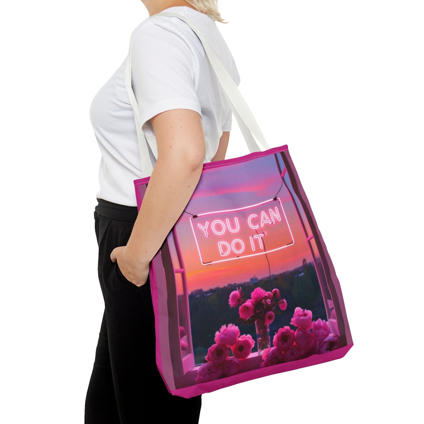 You can do it to faith, flowers, and  fierceness tote bag
