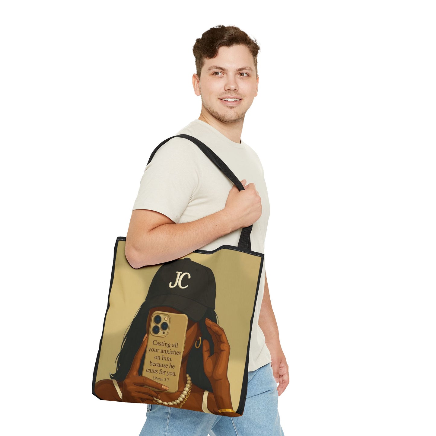 Chic Motivational Tote Bag - "Casting All Your Anxieties on Him" Design