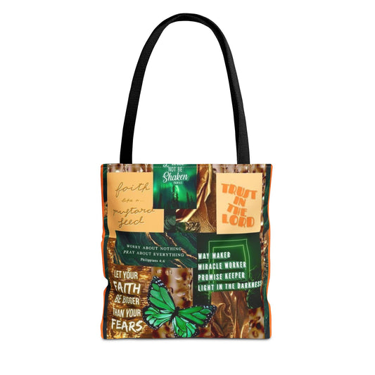 Faith over fear tote green and orange scripture collage bag