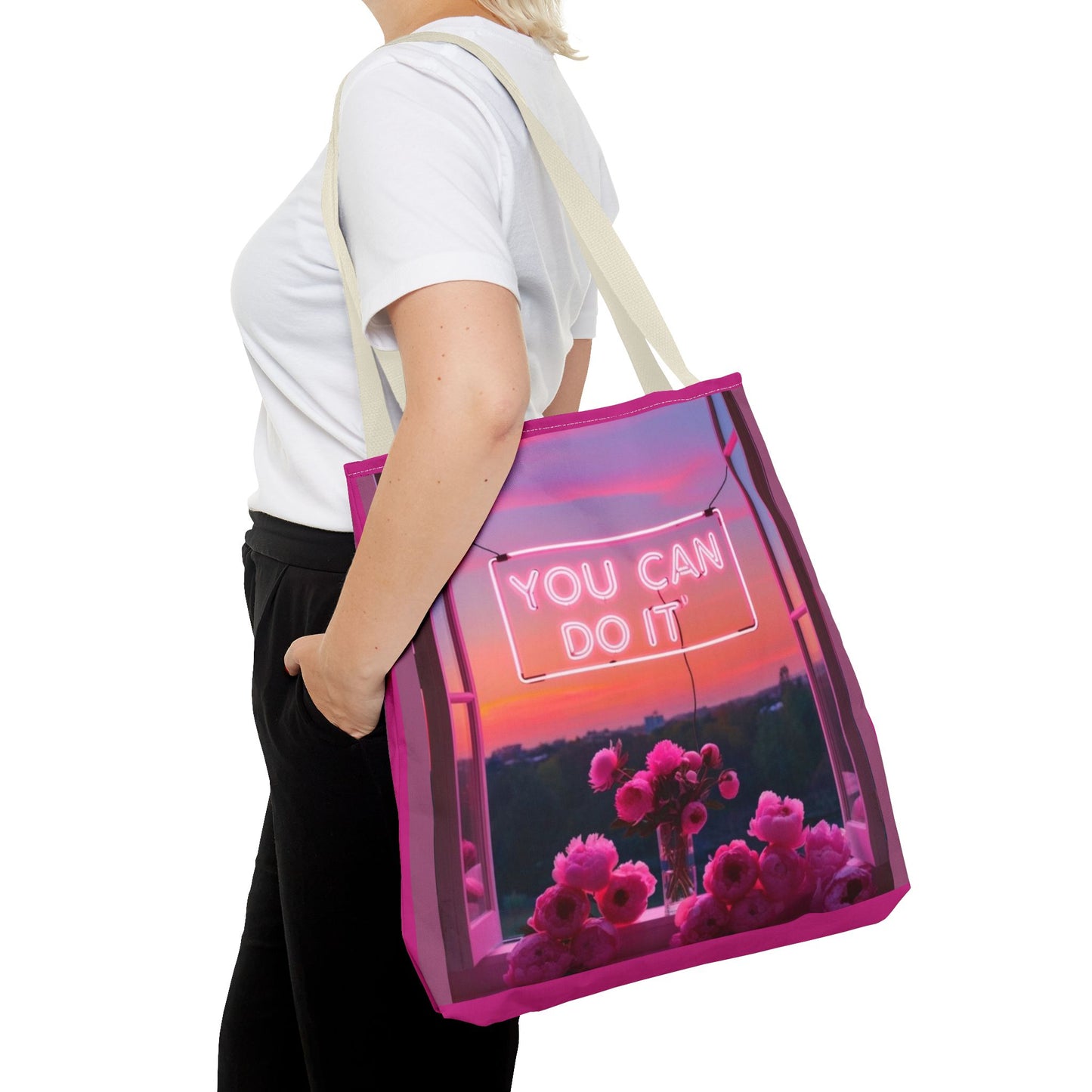 You can do it to faith, flowers, and  fierceness tote bag