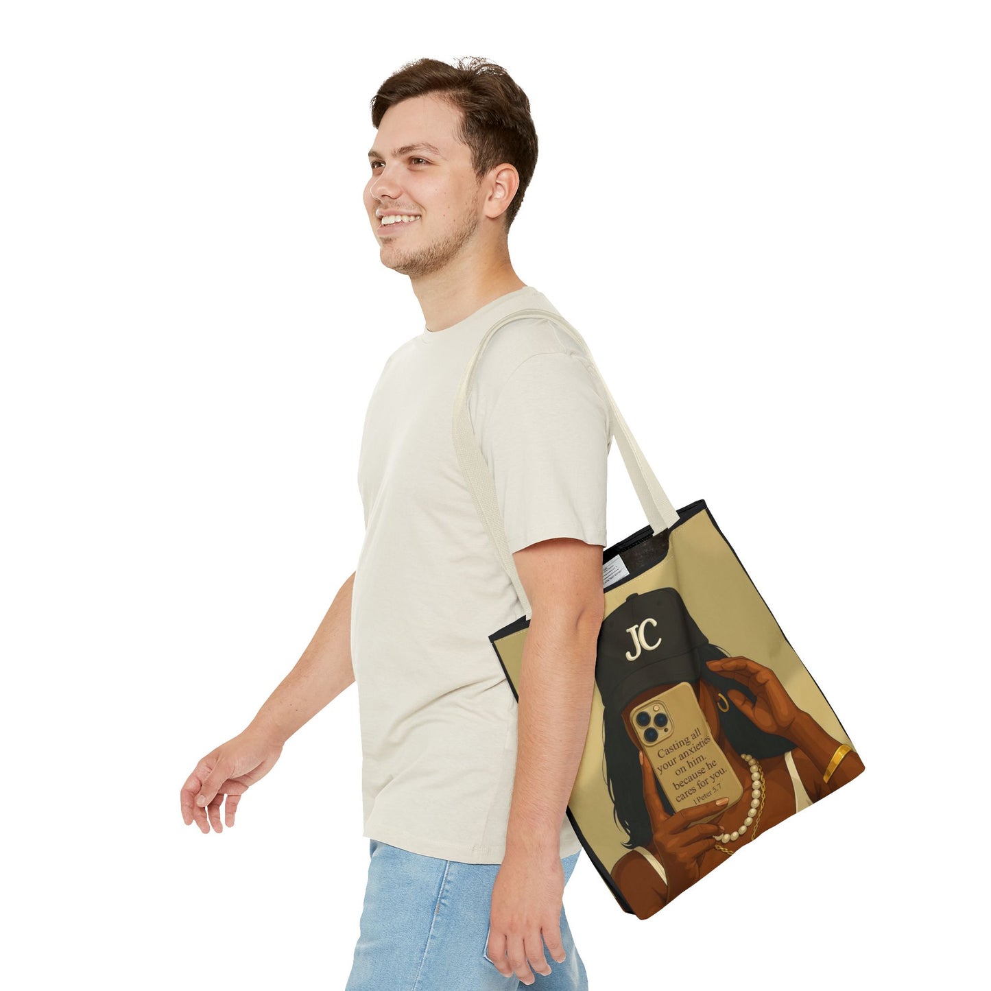 Chic Motivational Tote Bag - "Casting All Your Anxieties on Him" Design