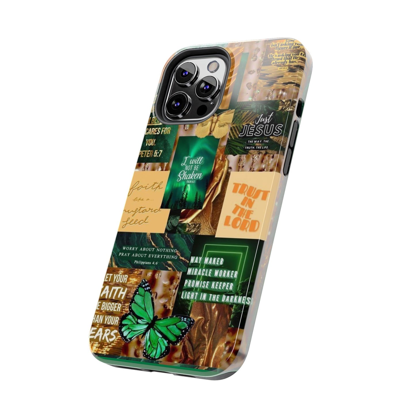 Trust in the lord Phone Case green and gold scripture collage