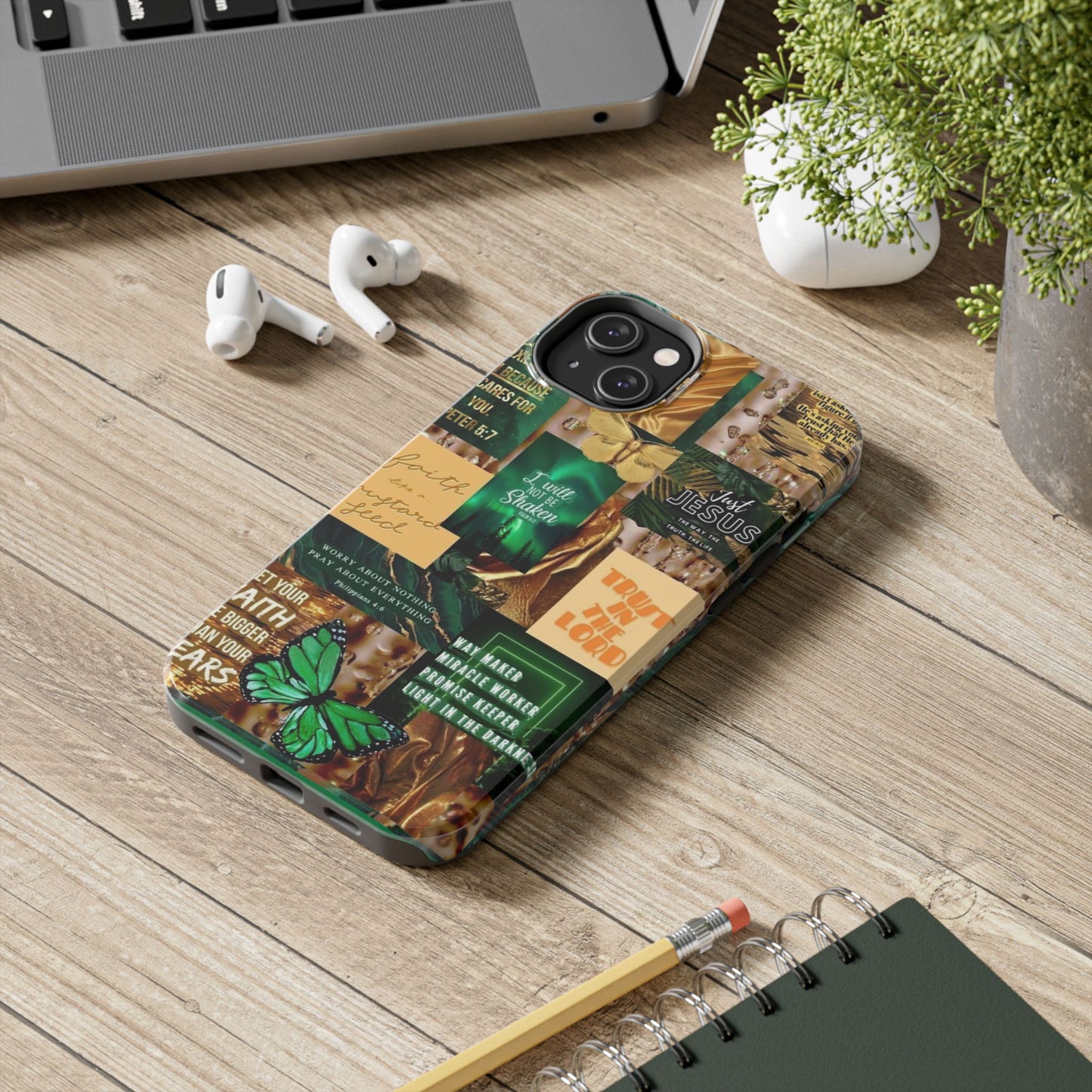 Trust in the lord Phone Case green and gold scripture collage