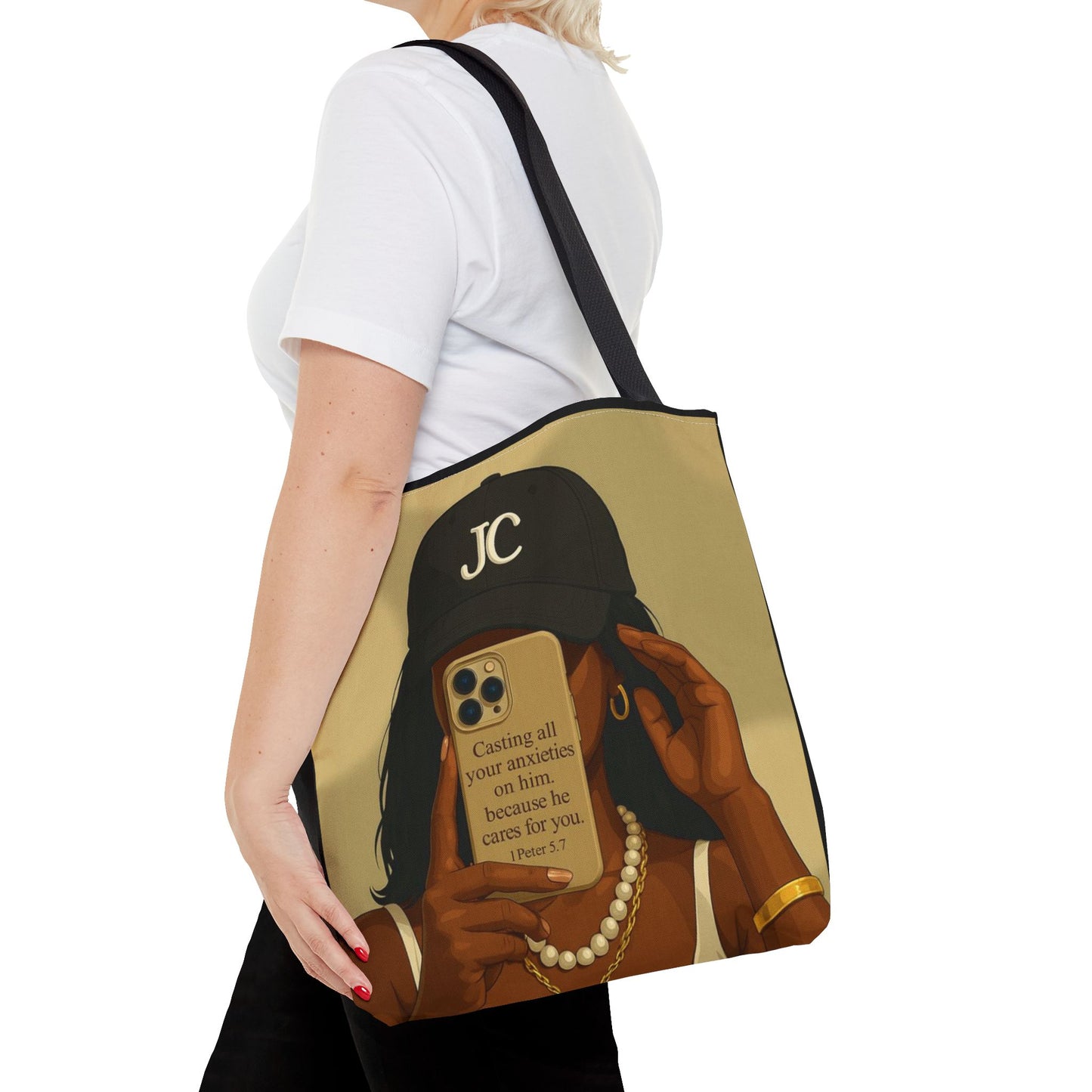 Chic Motivational Tote Bag - "Casting All Your Anxieties on Him" Design