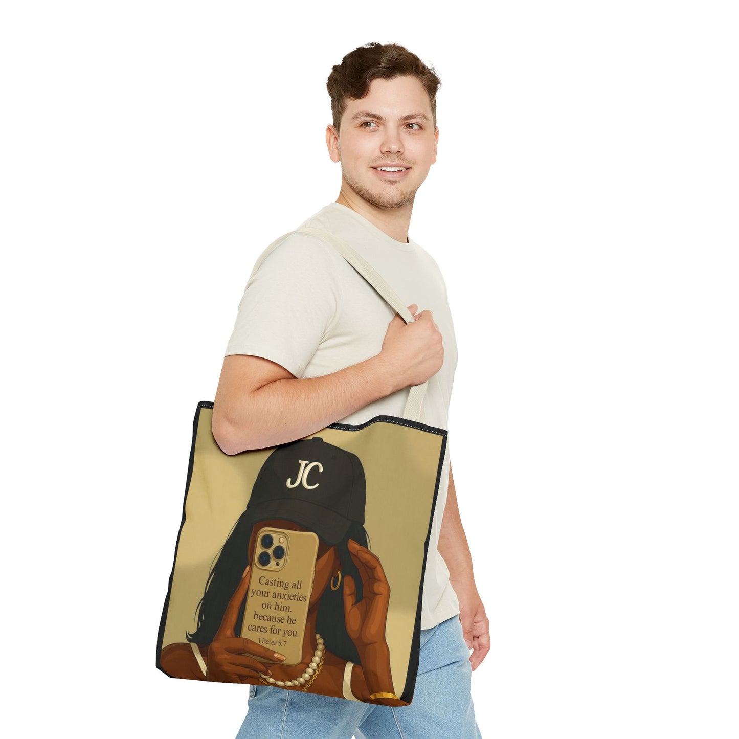 Chic Motivational Tote Bag - "Casting All Your Anxieties on Him" Design