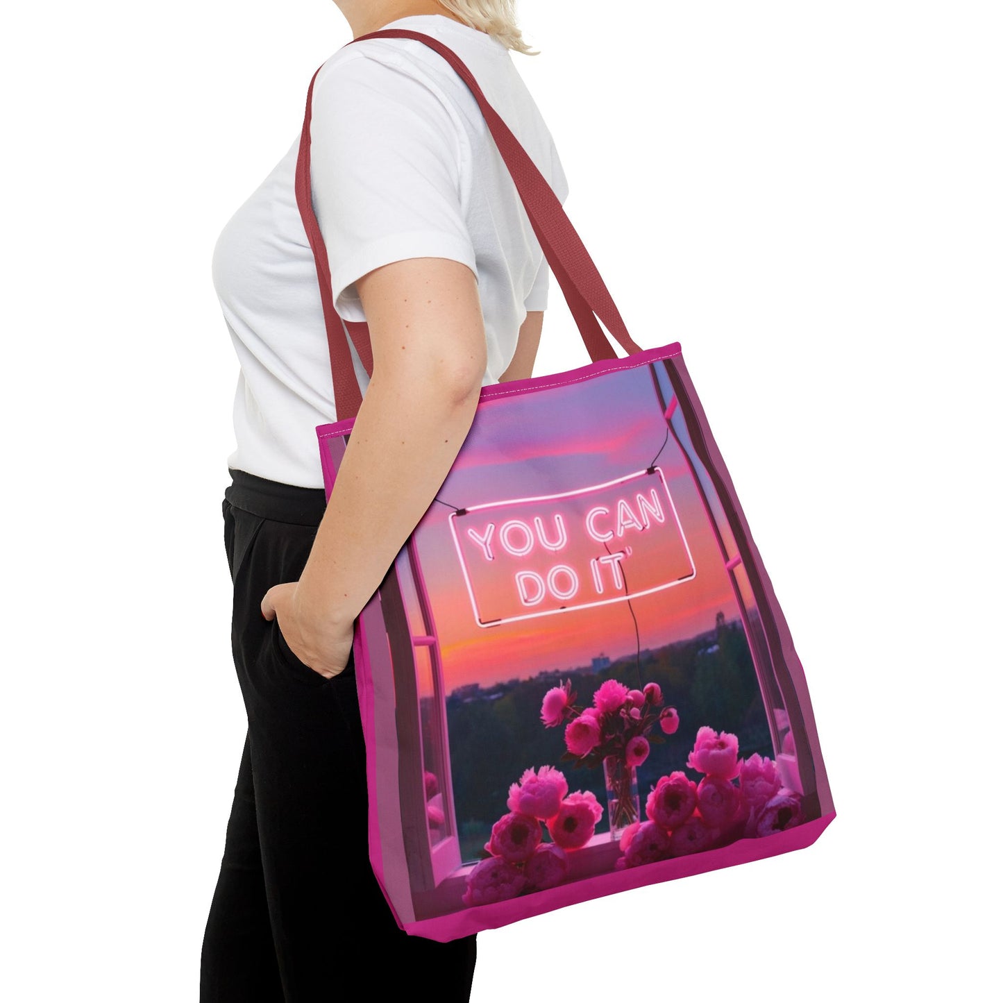 You can do it to faith, flowers, and  fierceness tote bag