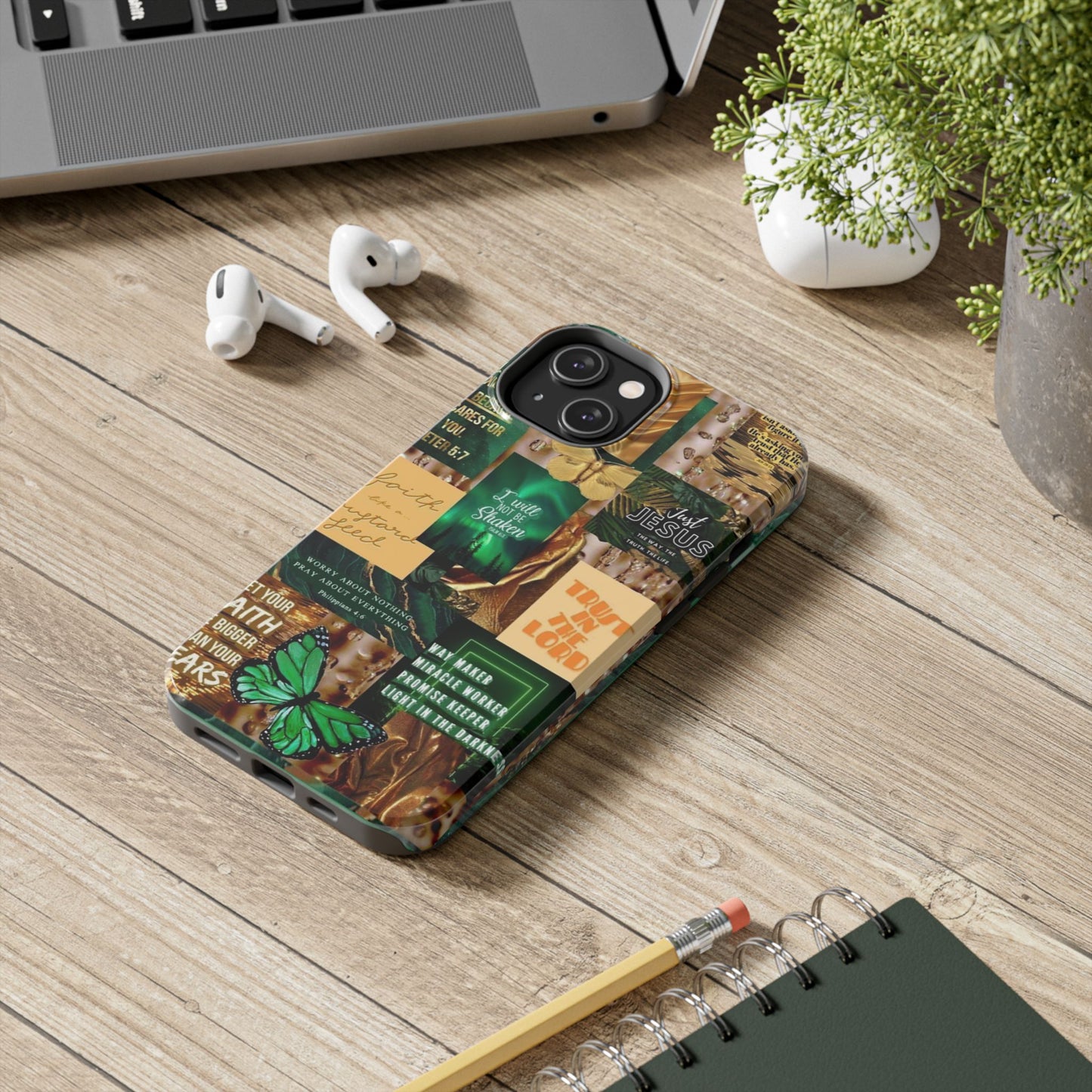 Trust in the lord Phone Case green and gold scripture collage
