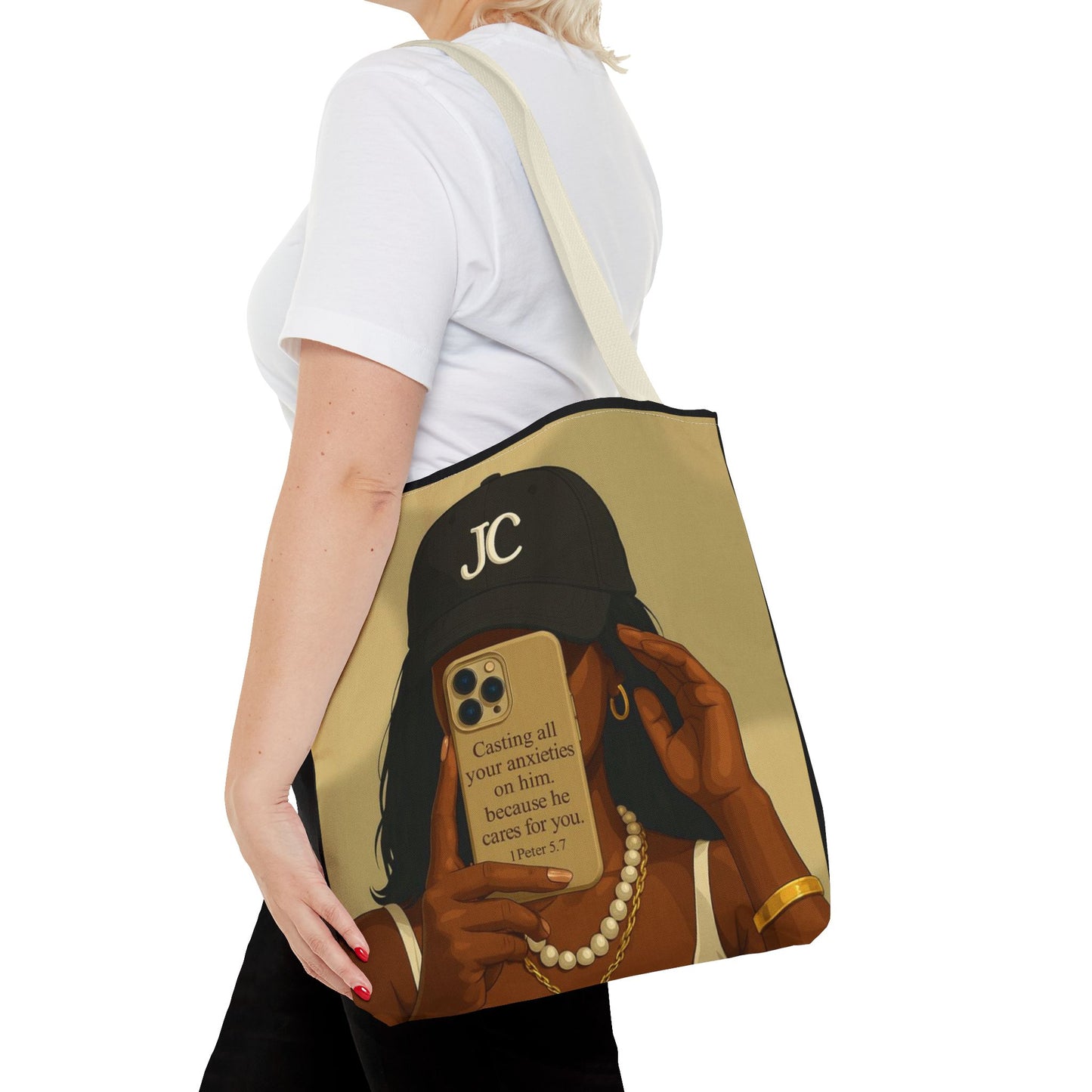 Chic Motivational Tote Bag - "Casting All Your Anxieties on Him" Design
