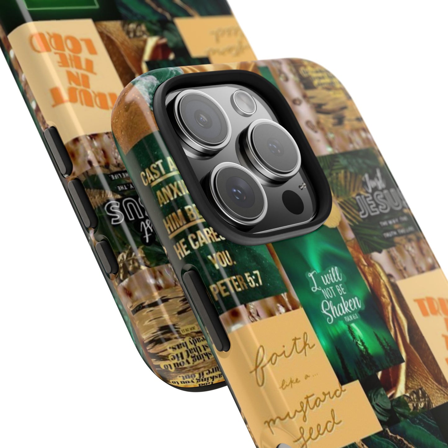 Trust in the lord Phone Case green and gold scripture collage